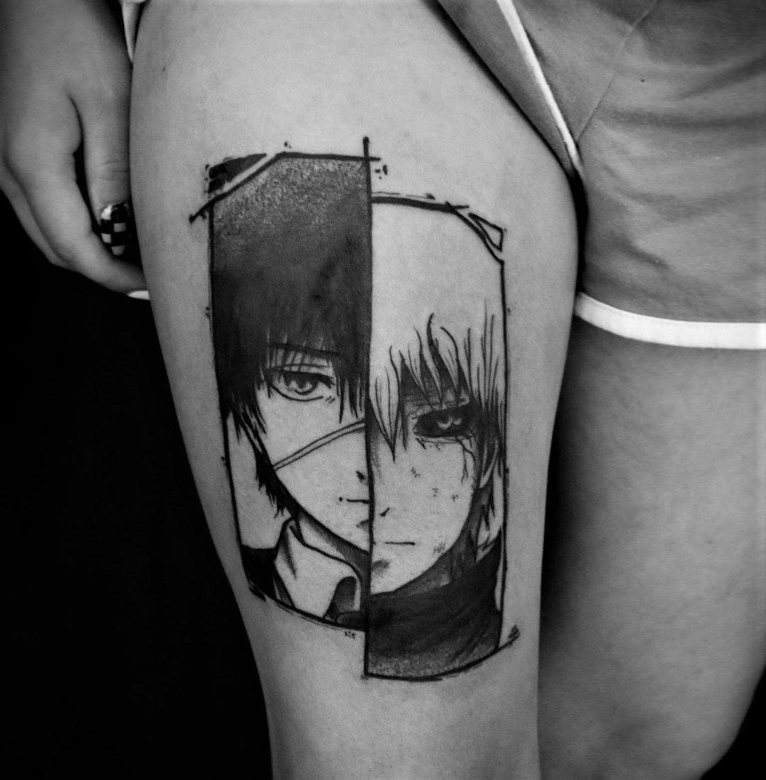 Anime Portrait Tattoo schwarz weiß